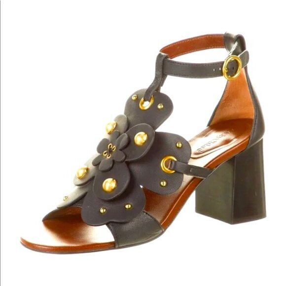 New SEE BY CHLOE Haya Black Leather Floral Stud Block-Heel Sandal SZ 7 MSRP $335 - Picture 1 of 8